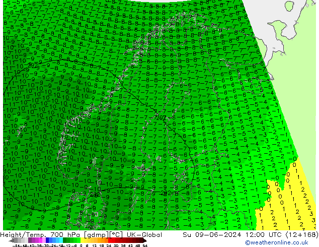 Hoogte/Temp. 700 hPa UK-Global zo 09.06.2024 12 UTC