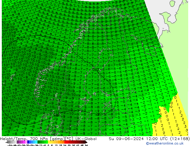 Height/Temp. 700 hPa UK-Global  09.06.2024 12 UTC