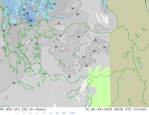 RH 850 hPa UK-Global Th 06.06.2024 06 UTC