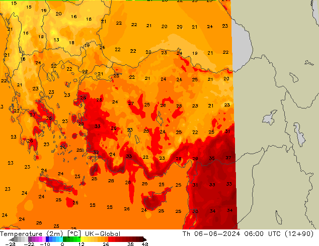 Temperature (2m) UK-Global Th 06.06.2024 06 UTC