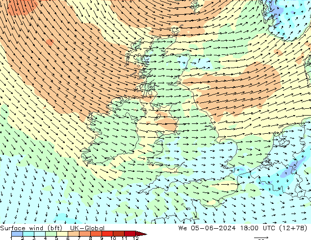 Surface wind (bft) UK-Global We 05.06.2024 18 UTC