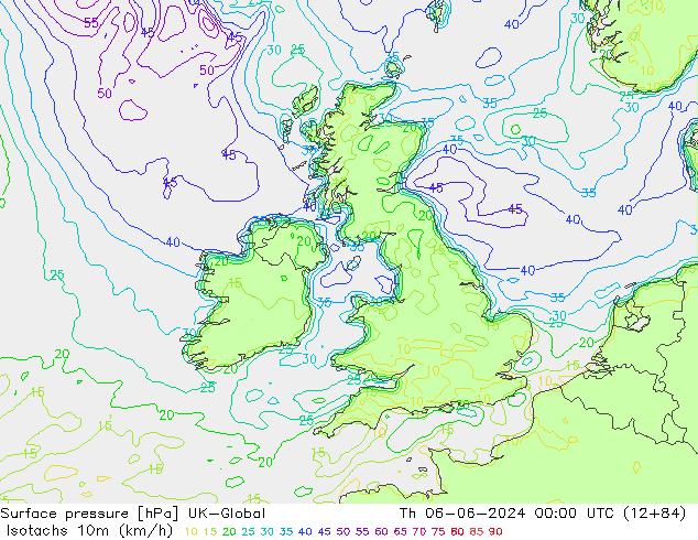 Isotachs (kph) UK-Global Qui 06.06.2024 00 UTC