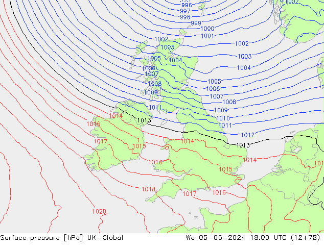 pressão do solo UK-Global Qua 05.06.2024 18 UTC