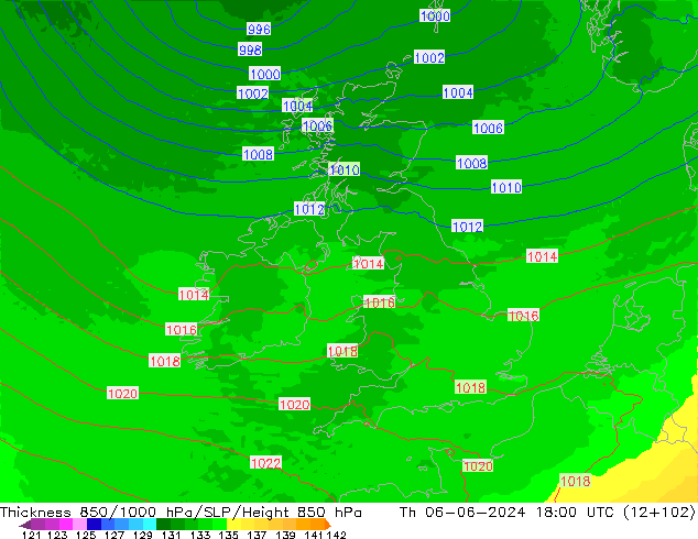 Thck 850-1000 гПа UK-Global чт 06.06.2024 18 UTC