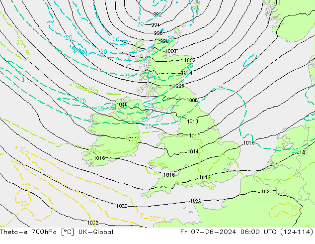 Theta-e 700hPa UK-Global Fr 07.06.2024 06 UTC