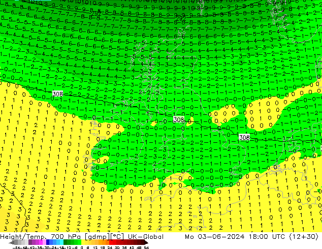 Géop./Temp. 700 hPa UK-Global lun 03.06.2024 18 UTC