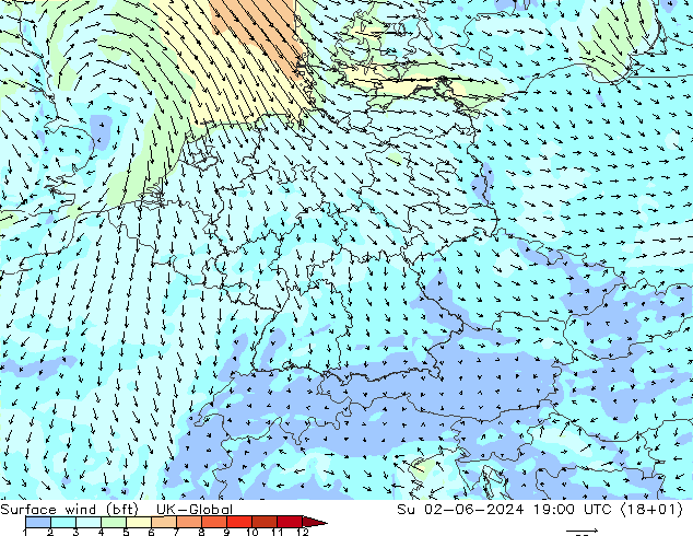Surface wind (bft) UK-Global Su 02.06.2024 19 UTC