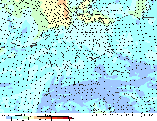 Surface wind (bft) UK-Global Ne 02.06.2024 21 UTC