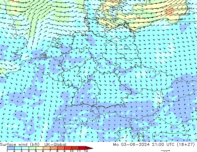 Wind 10 m (bft) UK-Global ma 03.06.2024 21 UTC