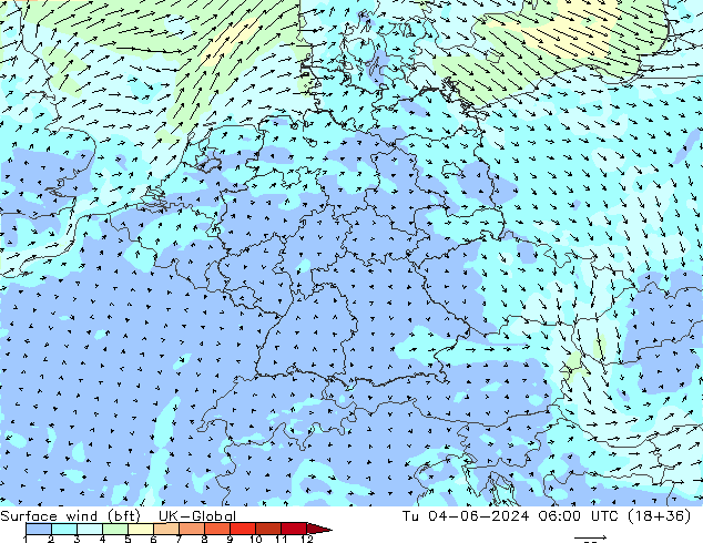 Wind 10 m (bft) UK-Global di 04.06.2024 06 UTC