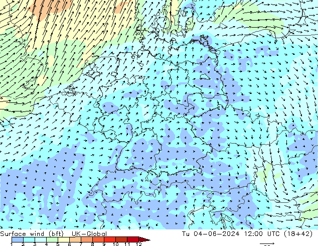Surface wind (bft) UK-Global Út 04.06.2024 12 UTC
