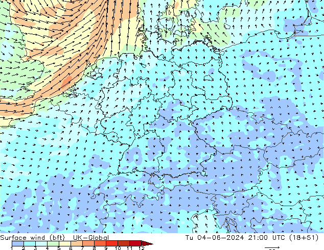 Vent 10 m (bft) UK-Global mar 04.06.2024 21 UTC