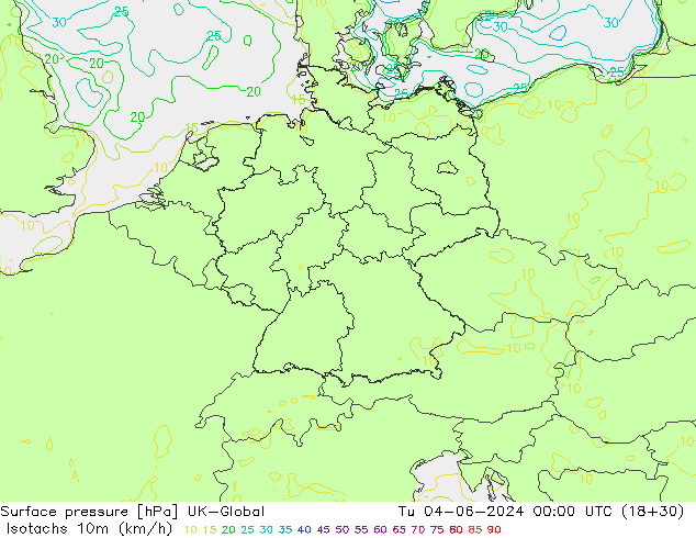 Isotachen (km/h) UK-Global di 04.06.2024 00 UTC