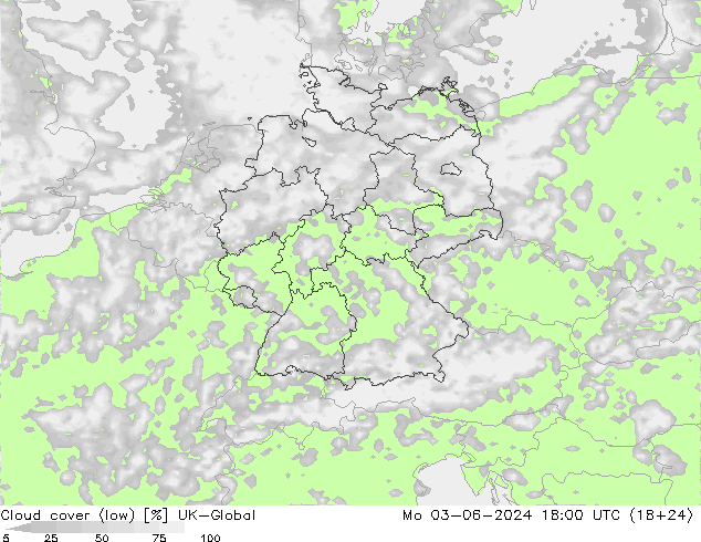 Cloud cover (low) UK-Global Mo 03.06.2024 18 UTC