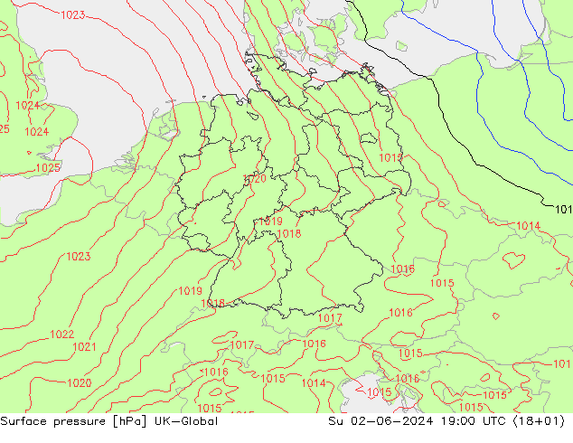Atmosférický tlak UK-Global Ne 02.06.2024 19 UTC