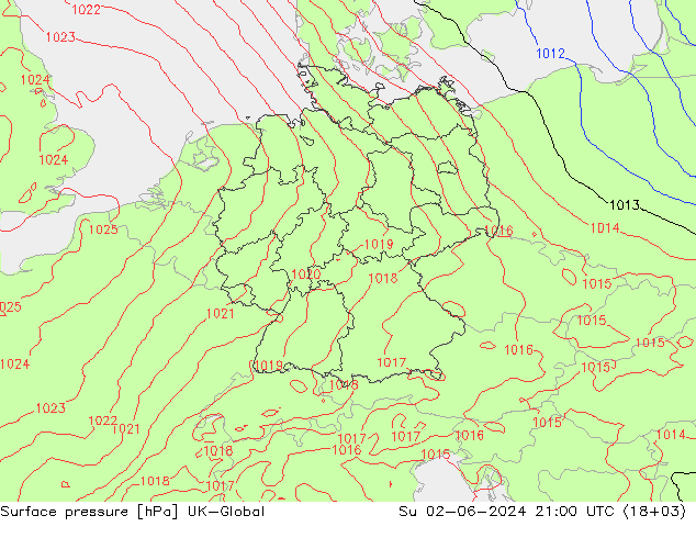 Atmosférický tlak UK-Global Ne 02.06.2024 21 UTC