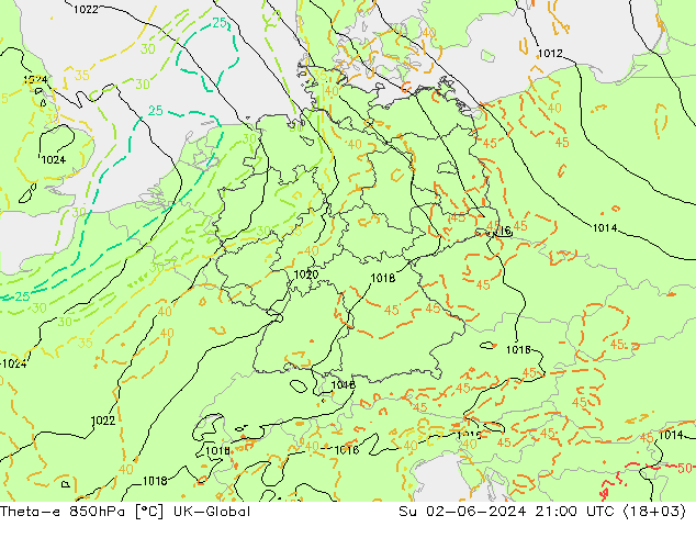 Theta-e 850hPa UK-Global Su 02.06.2024 21 UTC