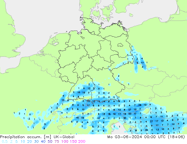 Precipitation accum. UK-Global Mo 03.06.2024 00 UTC