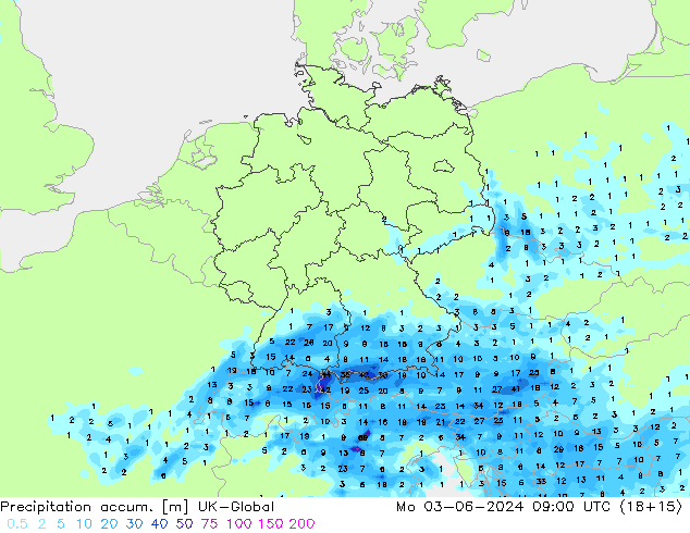 Precipitation accum. UK-Global Mo 03.06.2024 09 UTC