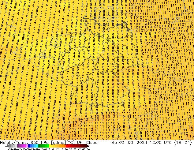 Height/Temp. 850 hPa UK-Global Po 03.06.2024 18 UTC