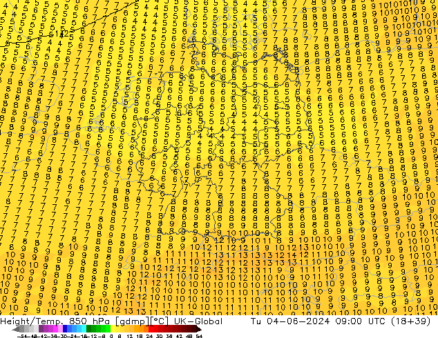 Height/Temp. 850 гПа UK-Global вт 04.06.2024 09 UTC