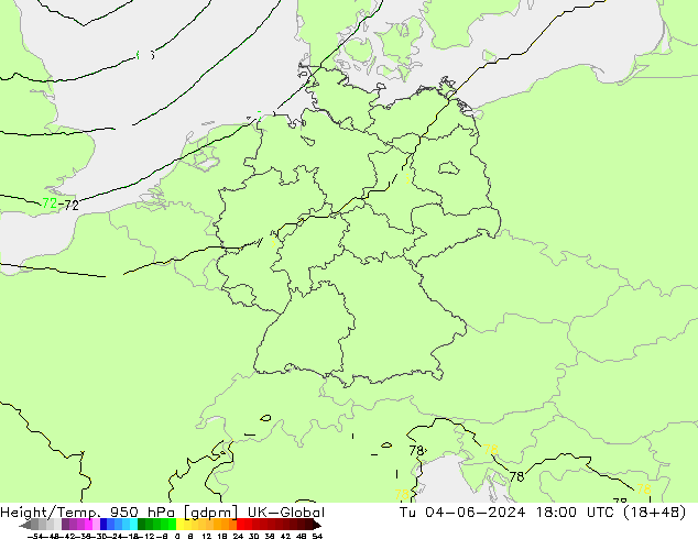 Geop./Temp. 950 hPa UK-Global mar 04.06.2024 18 UTC
