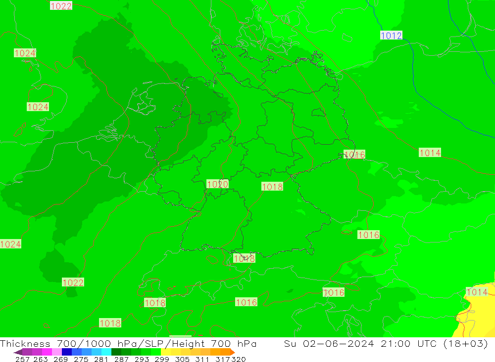 700-1000 hPa Kalınlığı UK-Global Paz 02.06.2024 21 UTC