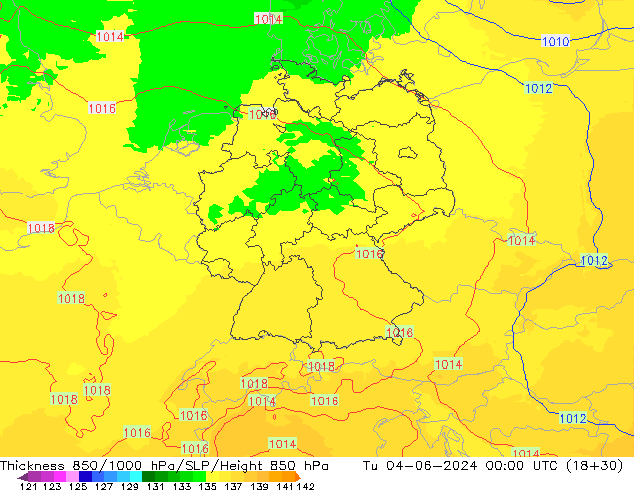 Dikte 850-1000 hPa UK-Global di 04.06.2024 00 UTC