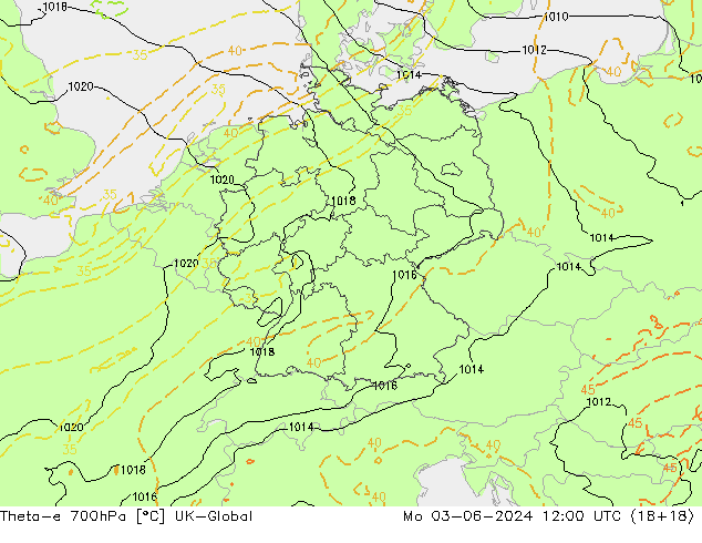 Theta-e 700hPa UK-Global lun 03.06.2024 12 UTC
