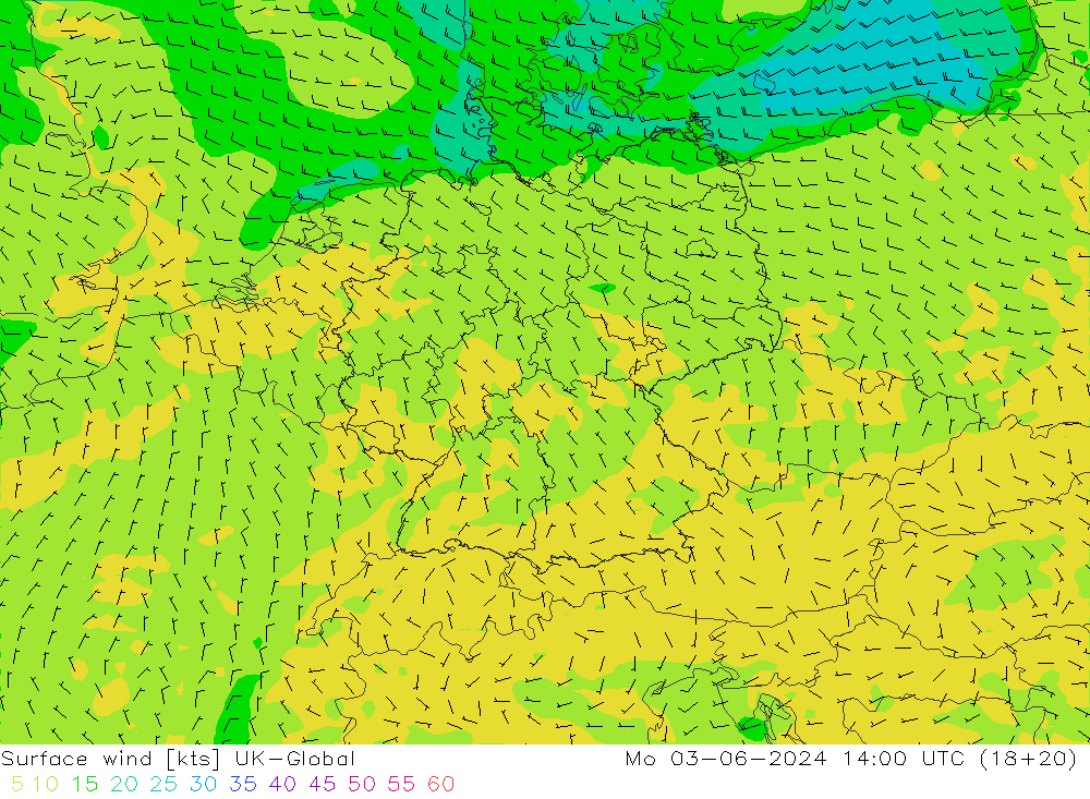 Surface wind UK-Global Mo 03.06.2024 14 UTC