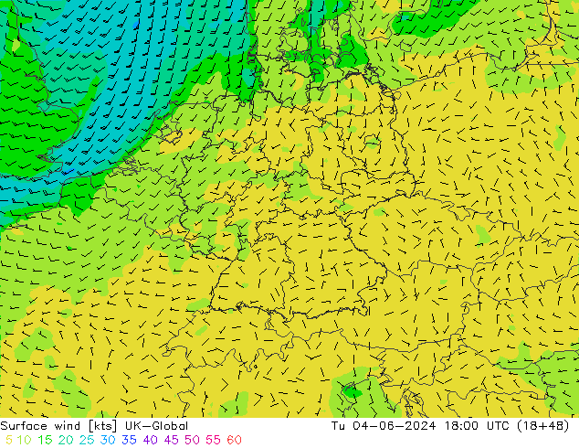 Surface wind UK-Global Tu 04.06.2024 18 UTC