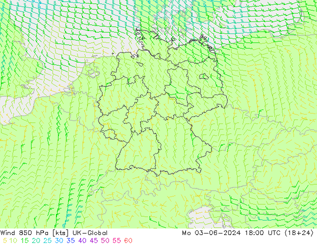 Wind 850 hPa UK-Global Mo 03.06.2024 18 UTC