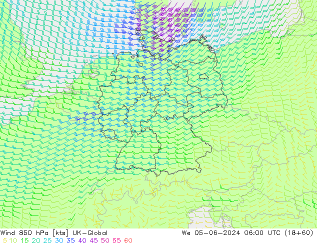 Vento 850 hPa UK-Global Qua 05.06.2024 06 UTC