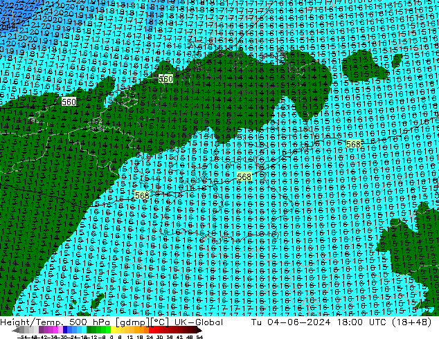 Height/Temp. 500 hPa UK-Global Út 04.06.2024 18 UTC