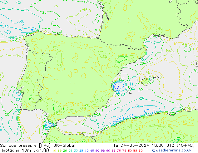 Isotachs (kph) UK-Global Tu 04.06.2024 18 UTC