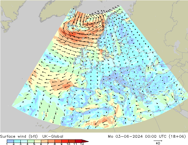 Surface wind (bft) UK-Global Mo 03.06.2024 00 UTC