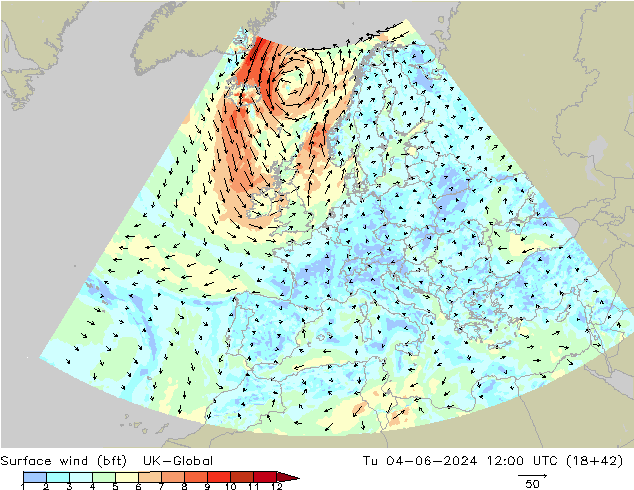 Surface wind (bft) UK-Global Tu 04.06.2024 12 UTC