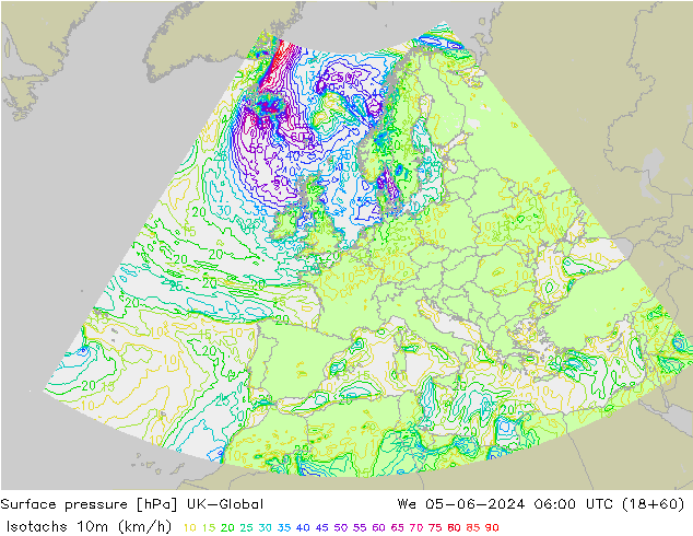 Eşrüzgar Hızları (km/sa) UK-Global Çar 05.06.2024 06 UTC