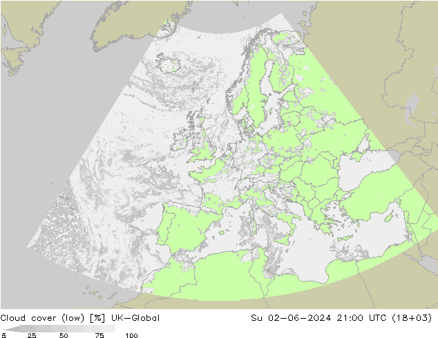 Cloud cover (low) UK-Global Su 02.06.2024 21 UTC