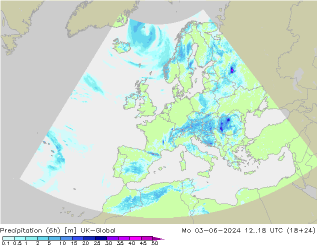 Totale neerslag (6h) UK-Global ma 03.06.2024 18 UTC