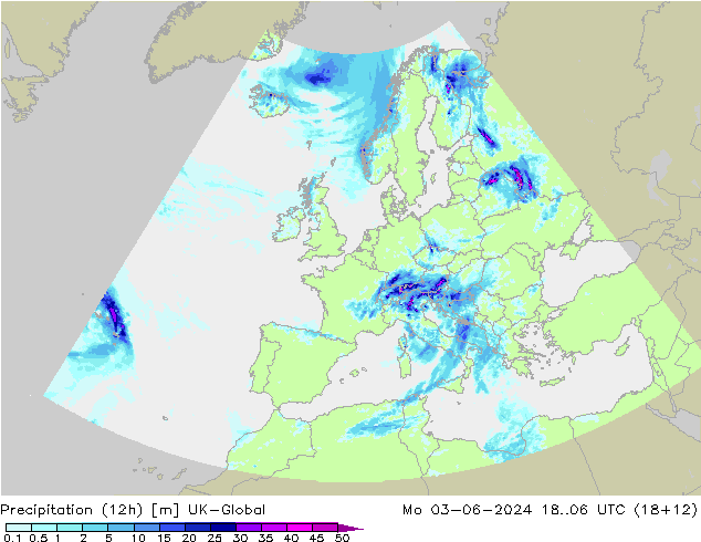降水量 (12h) UK-Global 星期一 03.06.2024 06 UTC