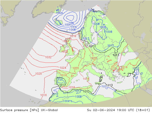 Surface pressure UK-Global Su 02.06.2024 19 UTC