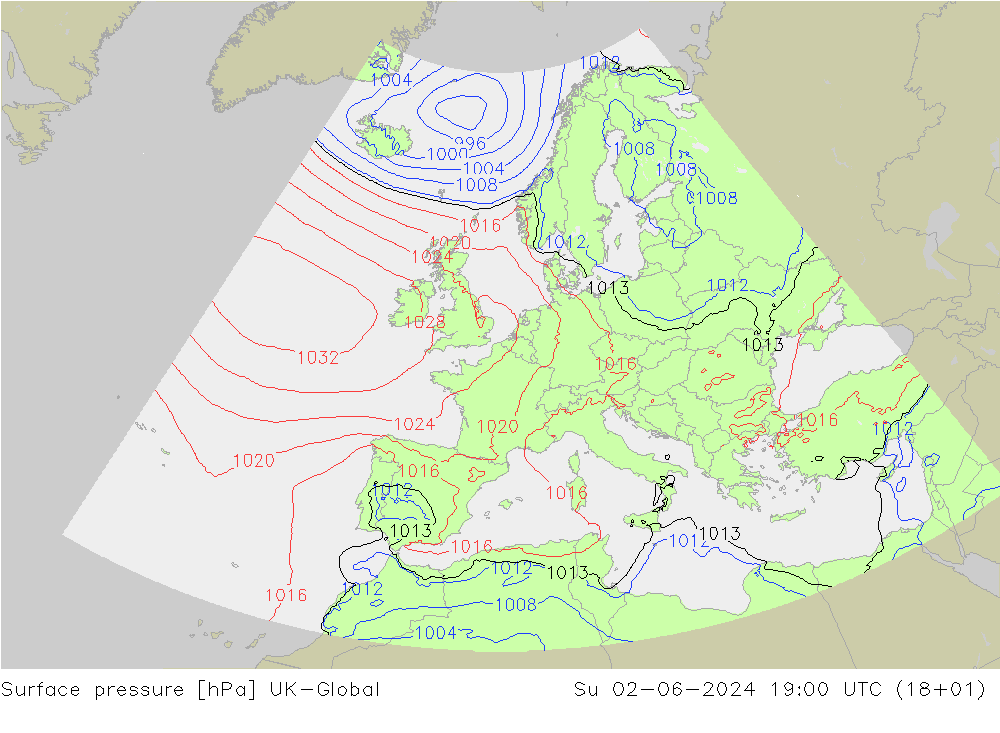 Surface pressure UK-Global Su 02.06.2024 19 UTC