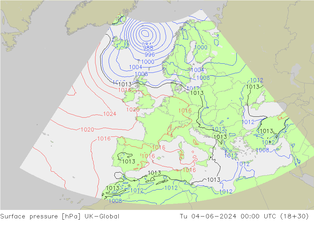 Presión superficial UK-Global mar 04.06.2024 00 UTC