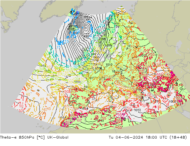 Theta-e 850hPa UK-Global Tu 04.06.2024 18 UTC