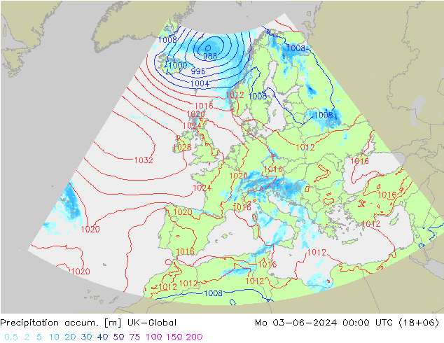 Precipitation accum. UK-Global 星期一 03.06.2024 00 UTC