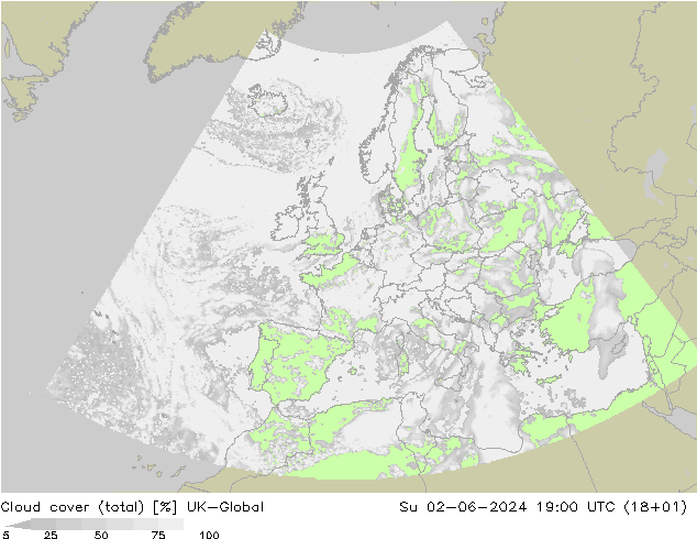 Cloud cover (total) UK-Global Su 02.06.2024 19 UTC