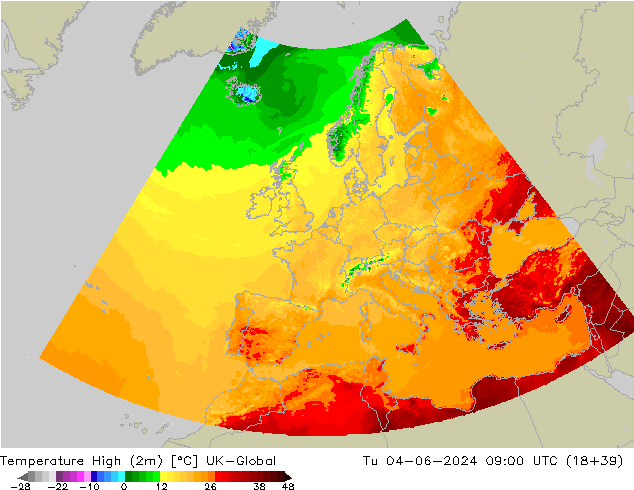 Temp. massima (2m) UK-Global mar 04.06.2024 09 UTC