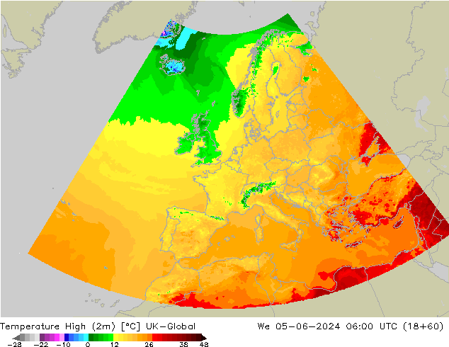 Max.temperatuur (2m) UK-Global wo 05.06.2024 06 UTC