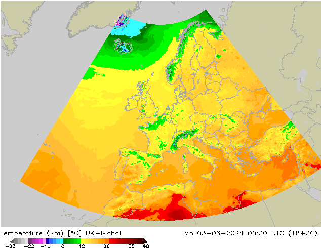 Temperatura (2m) UK-Global Seg 03.06.2024 00 UTC